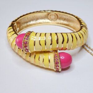 J Crew Statement Bracelet  Gold Tone Yellow Pink Enamel Clamper Bangle 7"